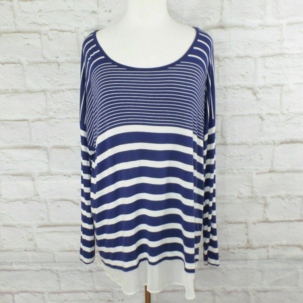 Design History Blue White Striped Chiffon Hem Long Sleeve Stretch Tunic 1X 16 18